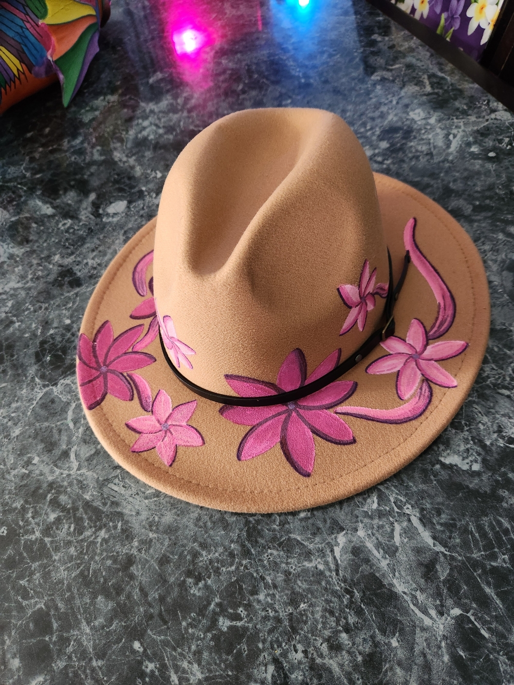 Tan Fedora Hat with Pink Floral Detailing